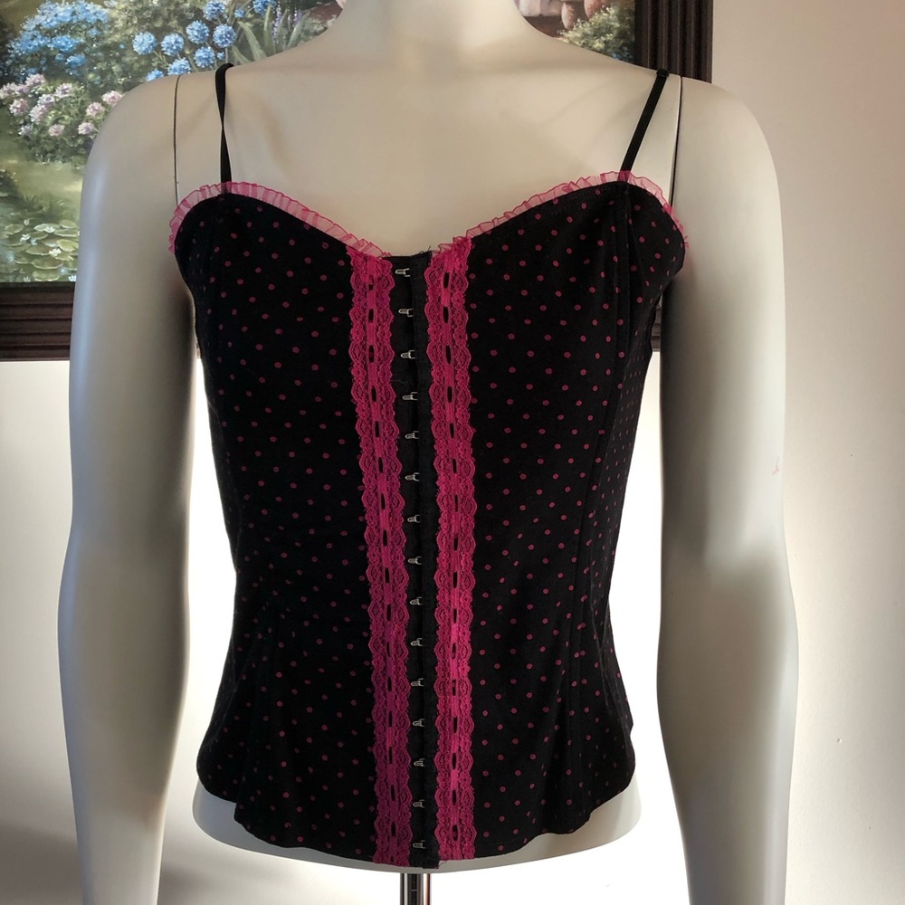 Black with fuchsia polka dots and lace detail top